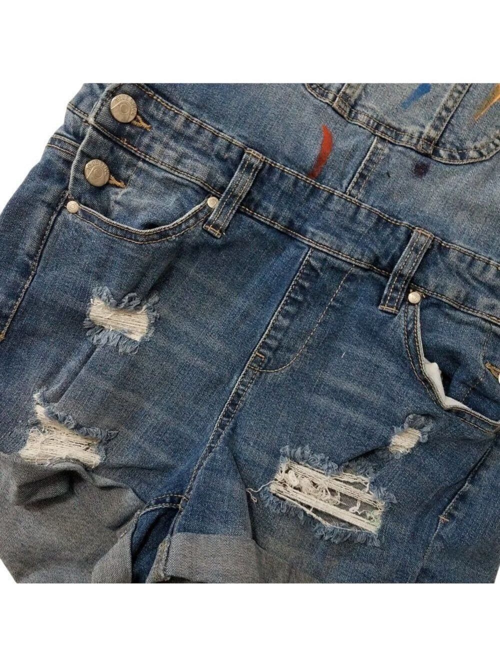 Distressed Denim Bib Overalls Paint Splatter Blue Spice Shortalls Juniors Size 5 - Picture 4 of 7
